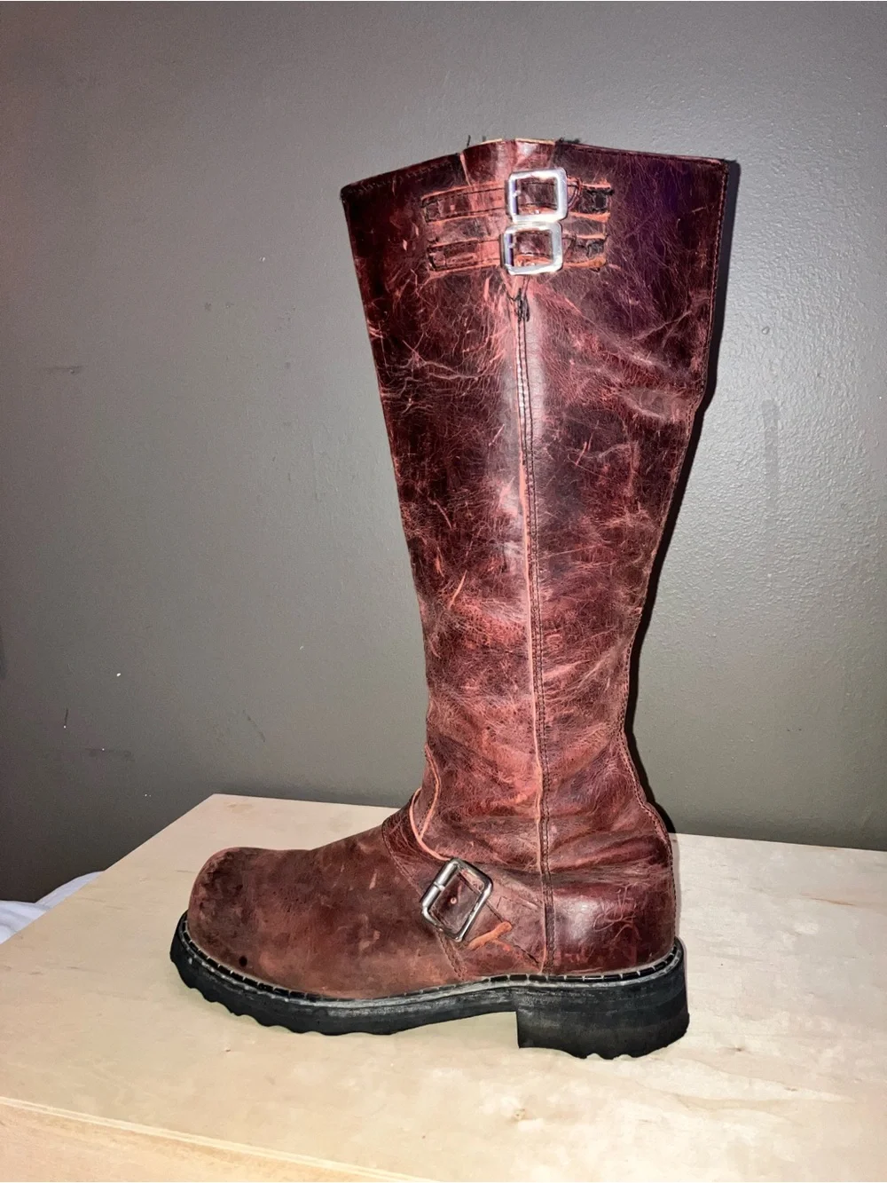 John Fluevog Bond Girl Tall Buckle Boots — Wine